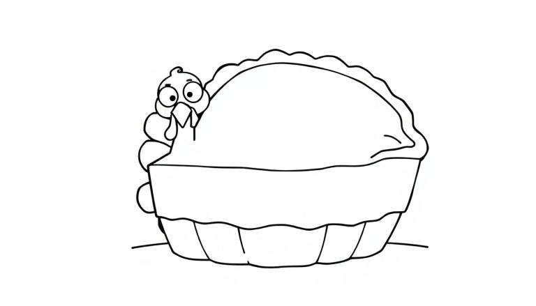 Illustration en noir et blanc d'une tarte avec une tête de dinde qui dépasse.