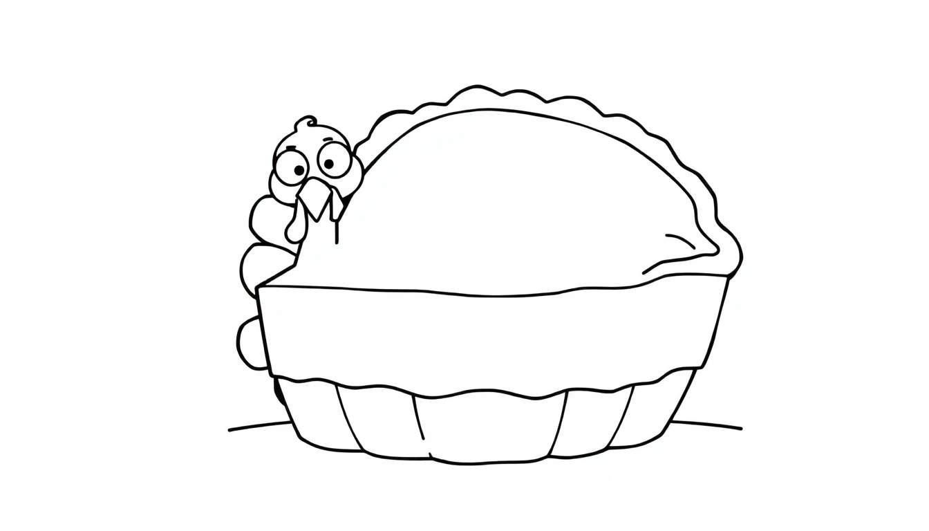 Illustration en noir et blanc d'une tarte avec une tête de dinde qui dépasse.