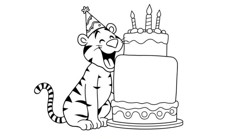 Dessin en noir et blanc d'un tigre festif avec un chapeau, prêt à manger un gâteau d'anniversaire.
