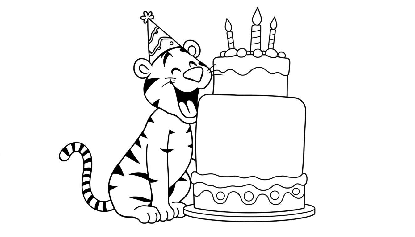 Dessin en noir et blanc d'un tigre festif avec un chapeau, prêt à manger un gâteau d'anniversaire.