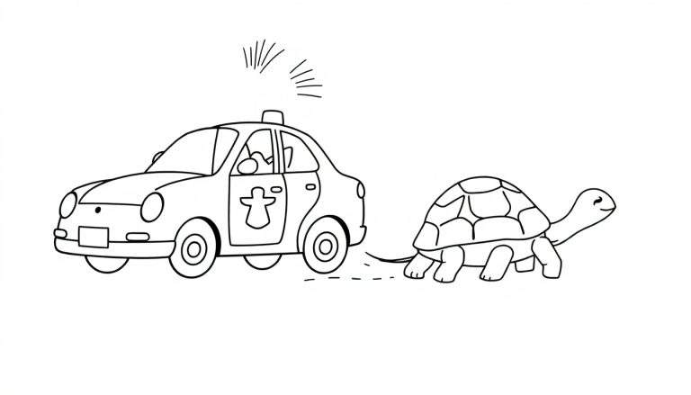 Coloriage d'une tortue souriante remorquant une voiture de police avec son gyrophare allumé.