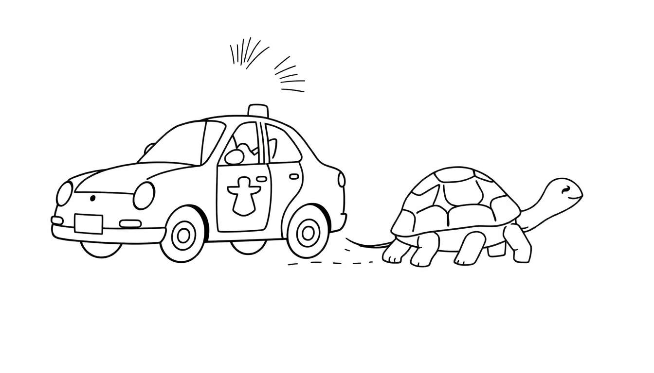 Coloriage d'une tortue souriante remorquant une voiture de police avec son gyrophare allumé.