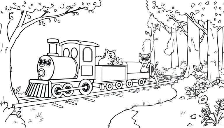 Coloriage d'un train de dessin animé conduit par un chat à trois yeux dans une forêt avec un raton laveur.