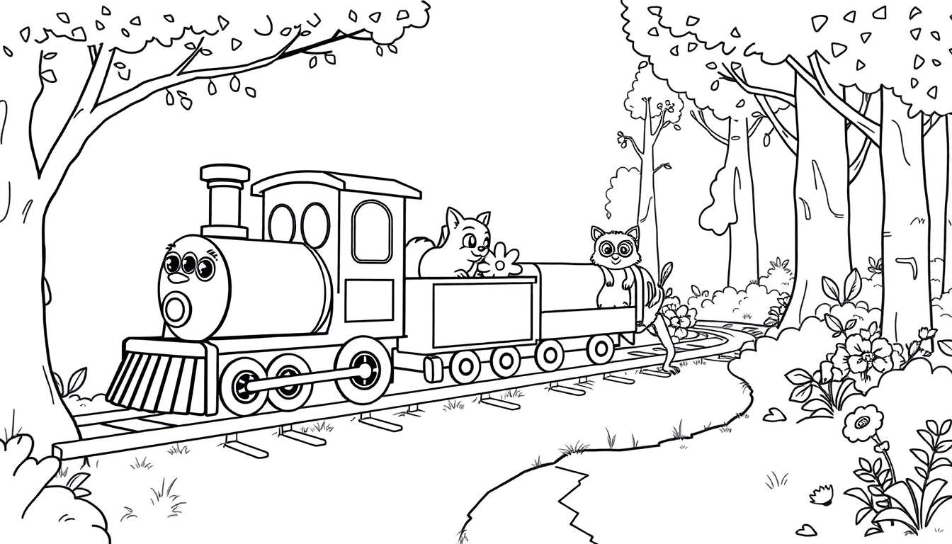 Coloriage d'un train de dessin animé conduit par un chat à trois yeux dans une forêt avec un raton laveur.