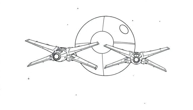 Dessin au trait noir et blanc d'une page à colorier montrant l'Étoile de la Mort au centre, flanquée de deux chasseurs X-wing dans un espace parsemé d'étoiles.