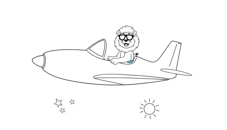 Dessin de page à colorier d'un lion joyeux portant des lunettes de soleil, assis dans le cockpit d'un avion monomoteur. Des étoiles et un soleil stylisé sont présents dans le ciel.