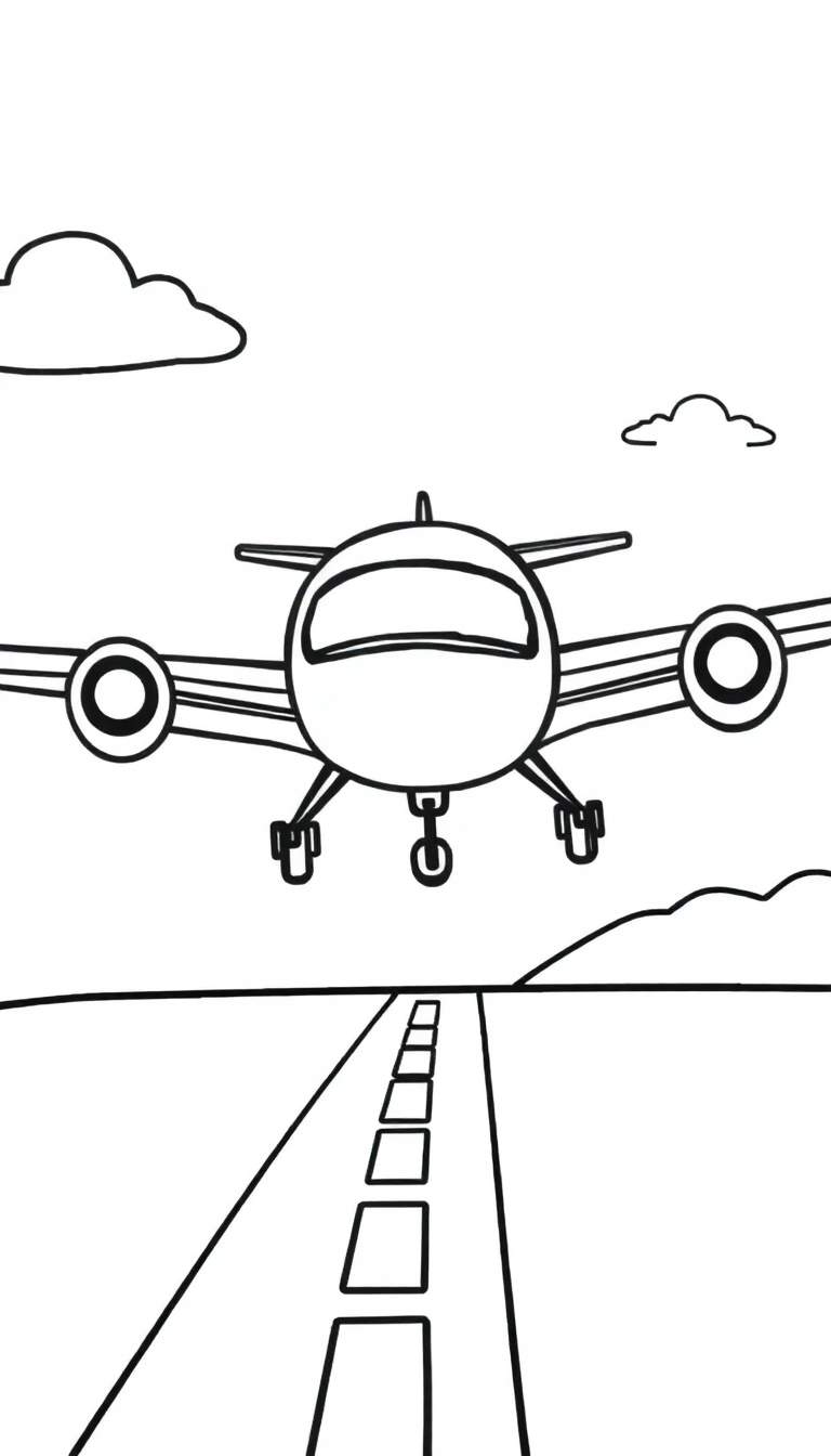 Dessin en noir et blanc d'un avion de ligne vu de face, train d'atterrissage sorti, prêt à atterrir sur une piste. Des montagnes et des nuages sont visibles en arrière-plan.