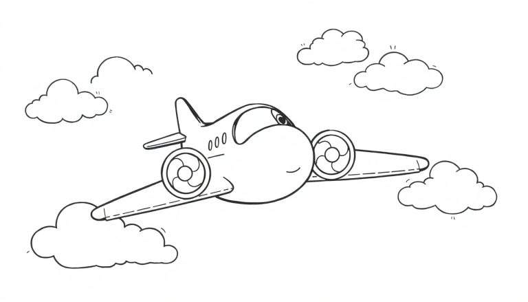 Page de coloriage d'un avion de dessin animé avec un visage souriant, deux ailes, deux moteurs avec hélices, des hublots et une queue, volant parmi des nuages doux dessinés à la main.