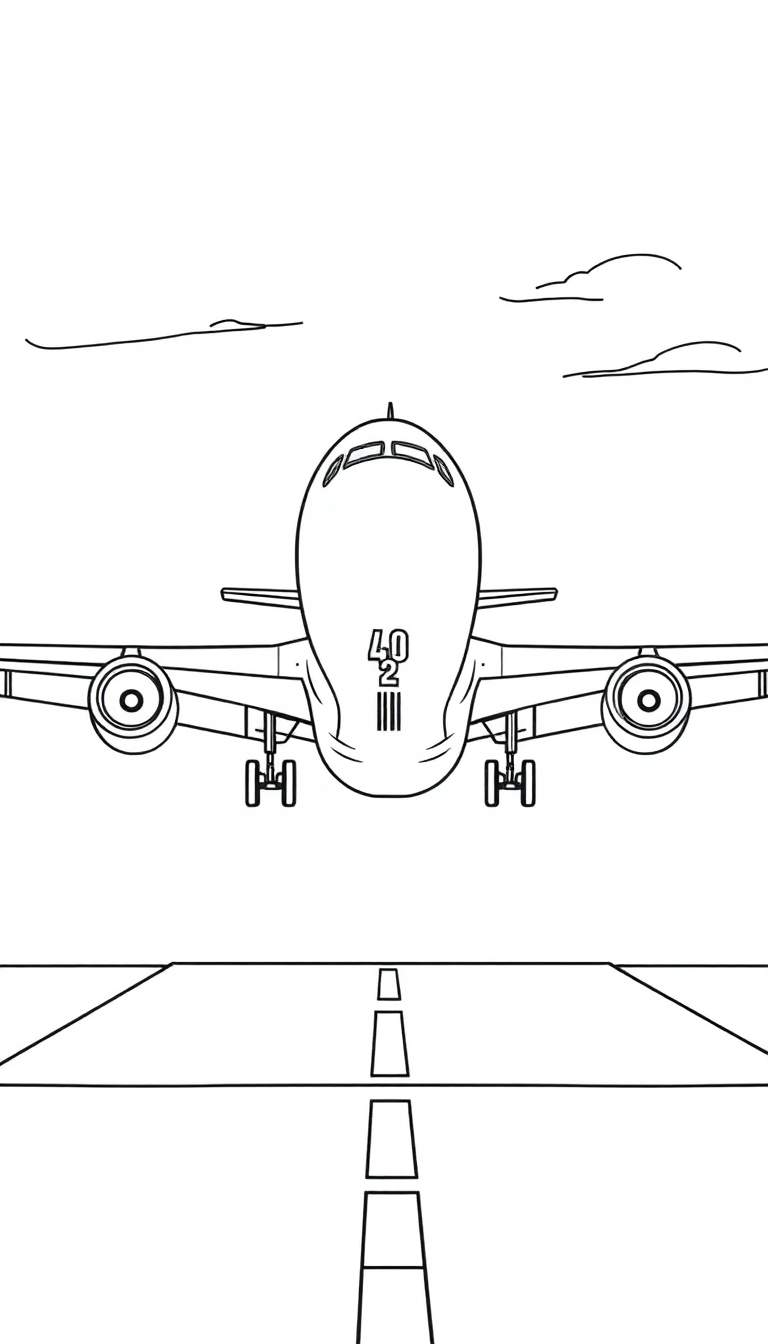 Dessin au trait noir et blanc d'un avion de ligne vu de face, avec train d'atterrissage baissé, sur une piste.