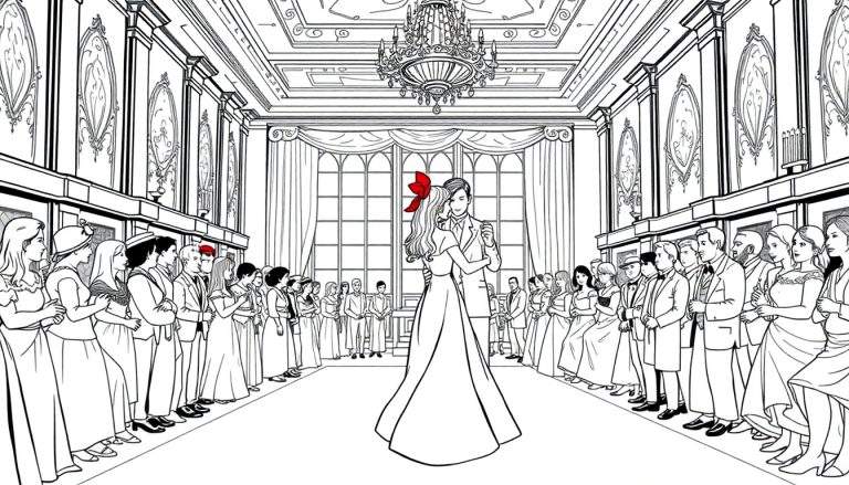 Dessin au trait noir et blanc d'une page à colorier : un couple danse au centre d'une grande salle de bal, la femme porte une robe longue et un nœud rouge vif. Des invités sont alignés sur les côtés, observant la scène. La salle est décorée de moulures, de pilastres, de grandes fenêtres cintrées et d'un lustre.