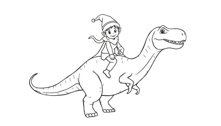 Dessin au trait noir et blanc pour coloriage d'un grand dinosaure amical ressemblant à un T-Rex, tourné vers la droite, avec un petit lutin joyeux portant un bonnet pointu assis sur son dos.