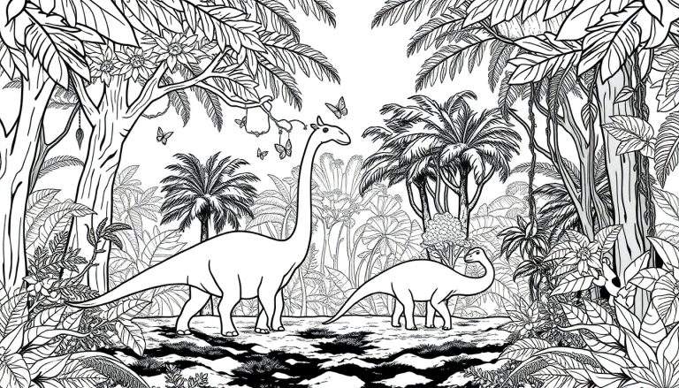 Dessin au trait d'une page à colorier montrant deux dinosaures dans une jungle préhistorique dense avec des arbres, des palmiers, des lianes et des papillons.