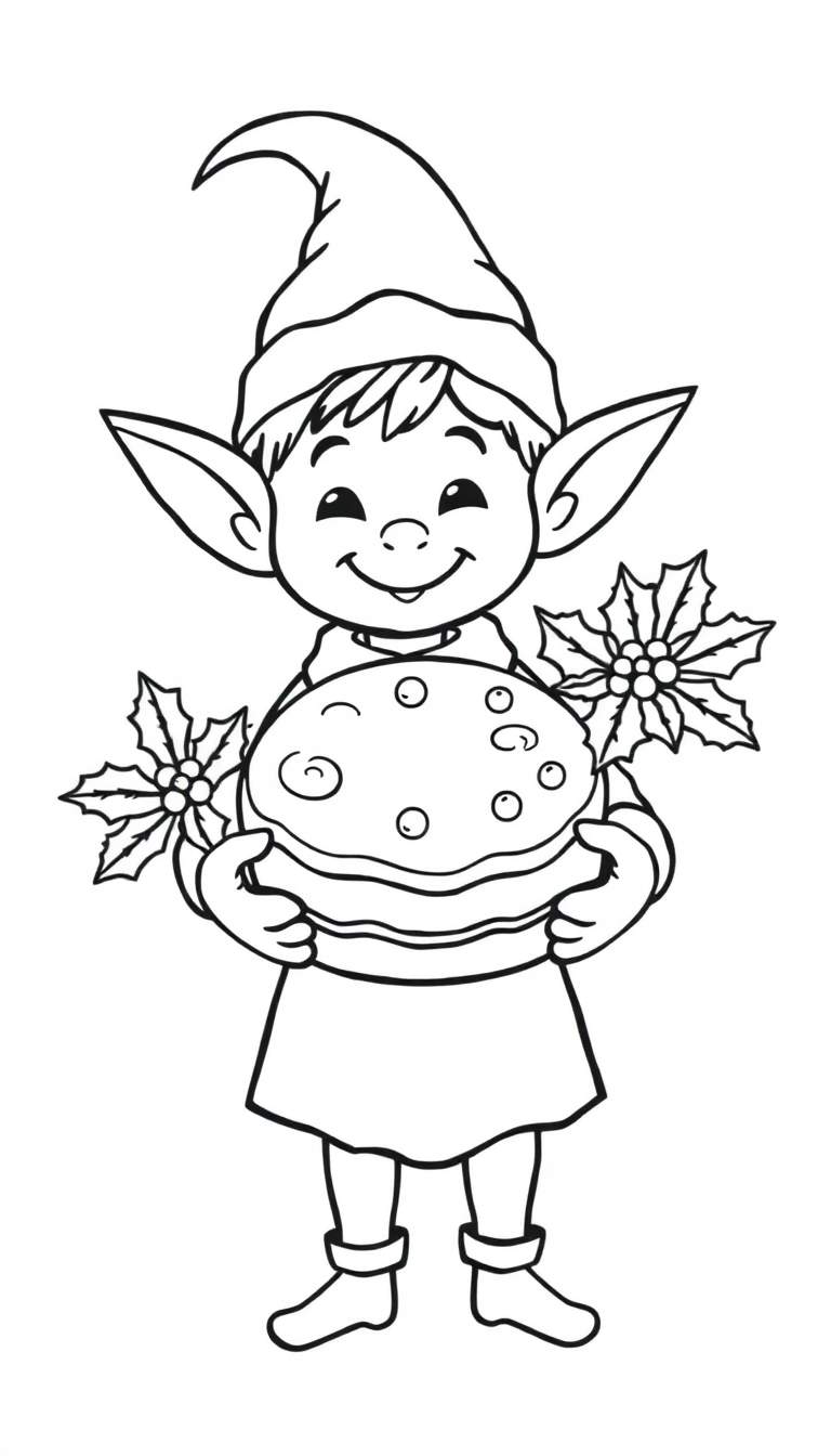 Dessin au trait d'un petit elfe souriant portant un chapeau pointu, tenant un grand gâteau rond à plusieurs couches décoré de cercles et de spirales. Des feuilles de houx stylisées encadrent le personnage.