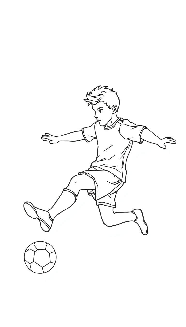 Dessin au trait d'un jeune garçon aux cheveux en épis, portant une tenue de football, en plein mouvement pour frapper un ballon de football. Visage concentré, bras écartés pour l'équilibre. Style manga.