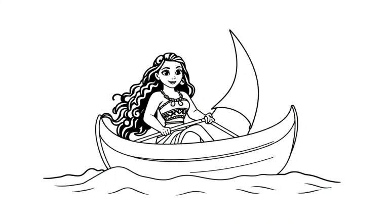 Dessin au trait en noir et blanc d'une jeune femme aux longs cheveux noirs bouclés, souriante, assise dans une pirogue, tenant une rame. Une voile triangulaire est derrière elle et des lignes ondulées représentent l'eau. Le style est celui d'un dessin animé.