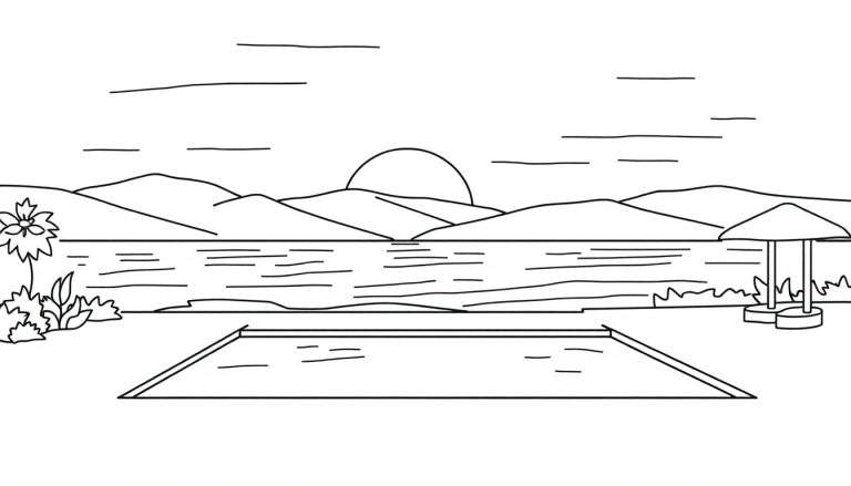 Page à colorier représentant un paysage de vacances avec des montagnes, le soleil, un lac, une fleur, un parasol et une piscine.