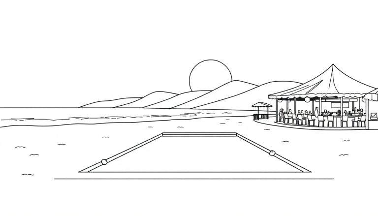 Dessin au trait noir et blanc pour page à colorier d'une plage tropicale avec restaurant, piscine, kiosque, mer et soleil.