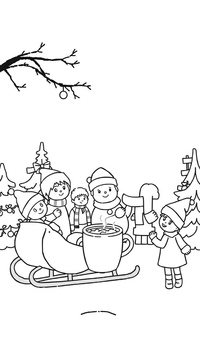 Dessin au trait d'une page de coloriage représentant une scène hivernale festive avec plusieurs enfants, un bonhomme de neige, un traîneau contenant une tasse de boisson chaude fumante, et des sapins de Noël en arrière-plan.