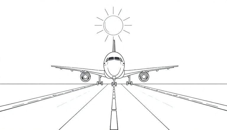 Dessin au trait d'un avion de ligne vu de face sur une piste, avec un soleil stylisé dans le ciel.