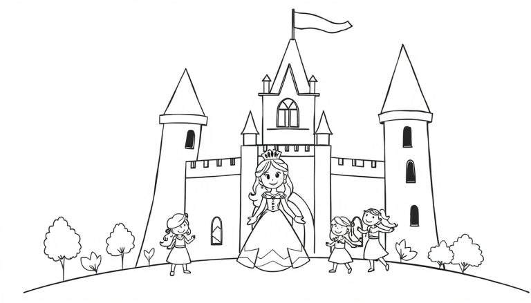 Page à colorier représentant un château de princesse entouré de quatre petites filles joyeuses.