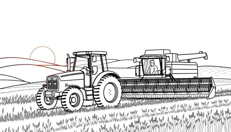 Page à colorier avec un tracteur et une moissonneuse-batteuse dans un champ de céréales, sous un soleil orangé.