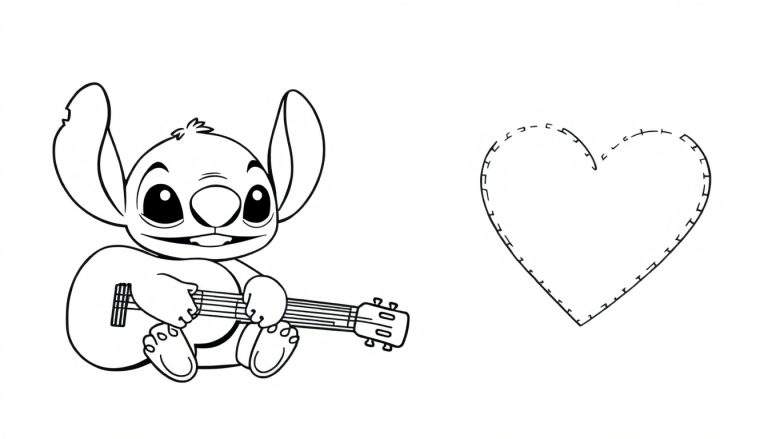 Dessin au trait noir et blanc d'une page à colorier montrant le personnage de Stitch jouant de la guitare à gauche et un cœur dessiné avec des tirets à droite.