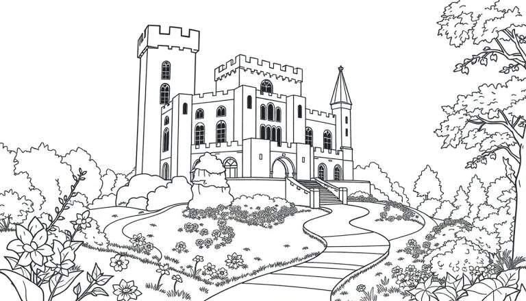 Dessin au trait noir et blanc d'un château de conte de fées sur une colline avec des escaliers menant à une arche d'entrée, entouré de fleurs, de buissons et d'arbres.