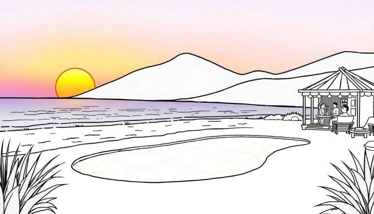 Page à colorier d'un paysage tropical au coucher du soleil avec une plage, une piscine, un kiosque de plage et des montagnes.