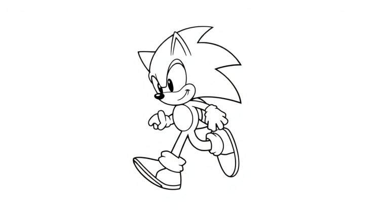 Dessin au trait de Sonic le Hérisson souriant et courant vers la droite, prêt à être colorié.