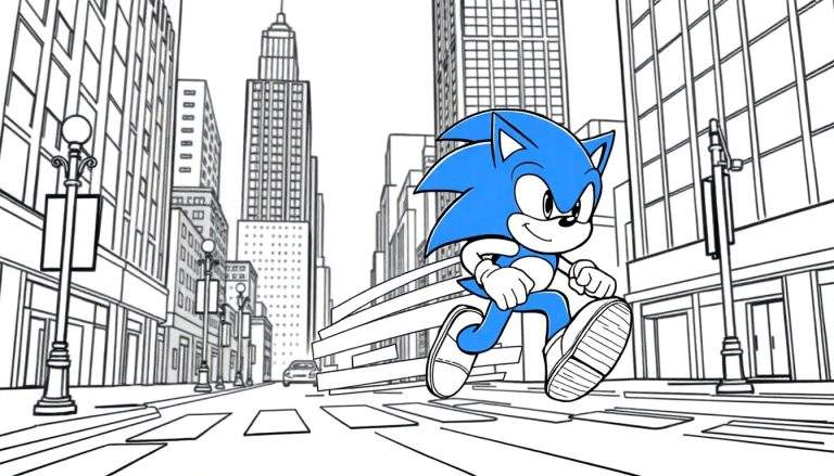 Page à colorier de Sonic le Hérisson, entièrement coloré en bleu vif, avec ses gants blancs, chaussettes blanches et chaussures rouges, souriant et en mouvement au milieu d'une ville en noir et blanc avec des immeubles, des lampadaires et des passages piétons.