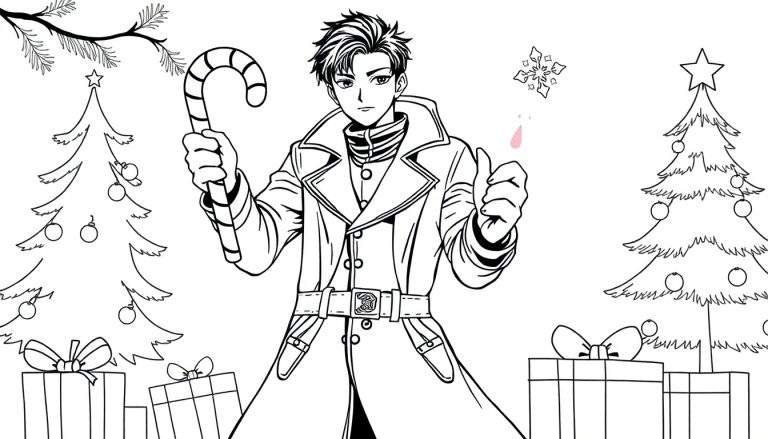 Dessin au trait de page à colorier : un jeune homme style anime avec un manteau d'hiver, une canne en sucre, faisant un pouce levé, devant deux sapins de Noël ornés de boules et d'étoiles, avec des cadeaux au pied. Ambiance hivernale festive.