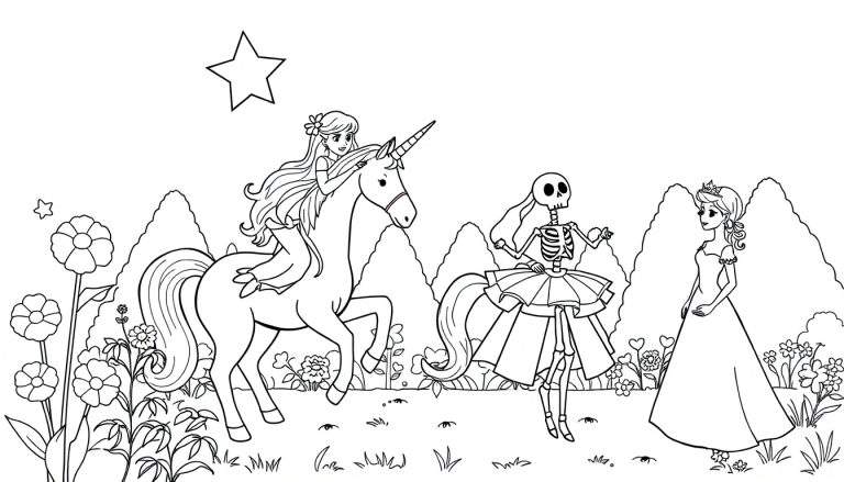 Page à colorier avec une jeune fille sur une licorne, un squelette ballerine, une princesse, des fleurs et des étoiles.