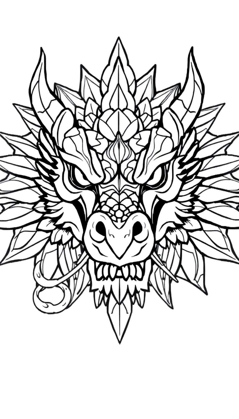 Dessin en noir et blanc d'une tête de dragon stylisée de face, ornée de motifs floraux, de flammes et de cornes, prêt à être colorié.