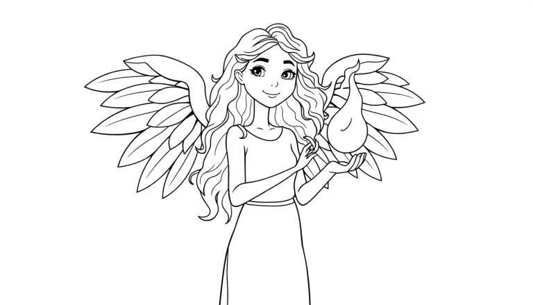 Dessin au trait noir et blanc d'une fille avec de longues ailes d'ange, tenant un objet lumineux.