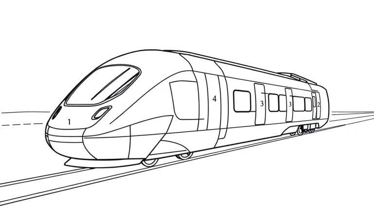 Page à colorier d'un train moderne aux lignes épurées, vu de trois quarts avant et latéral, roulant sur des rails. Le train est marqué des numéros 1, 4, 3 et 2 sur différentes sections.