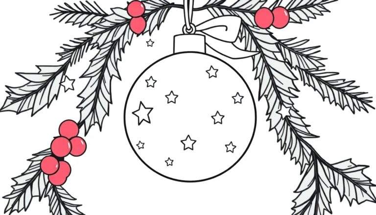 Dessin à colorier d'une boule de Noël ornée d'étoiles, entourée de branches de sapin et de houx avec des baies rouges.