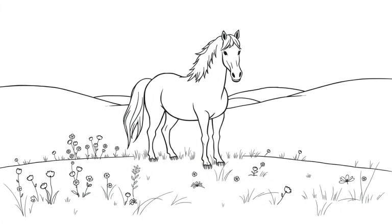 Dessin au trait d'un cheval élégant dans un pré fleuri, prêt à être colorié.