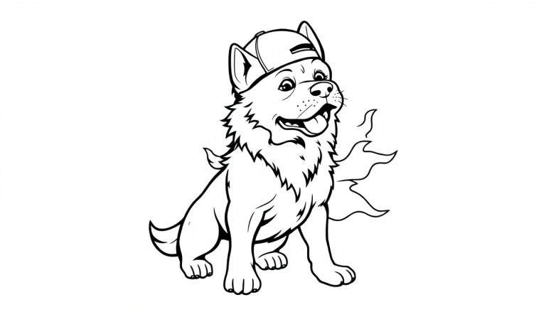 Dessin au trait noir et blanc d'un chien cartoon assis, avec une casquette de baseball à l'envers, une langue pendante et des flammes stylisées sur son flanc.