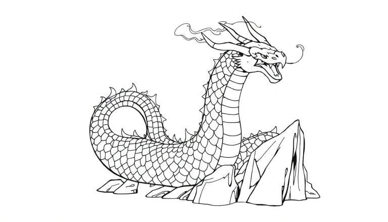 Dessin au trait noir et blanc d'un grand dragon ou serpent de mer avec des écailles, des épines sur le dos, des cornes, une gueule ouverte et un long filament sortant du museau, émergeant de rochers.