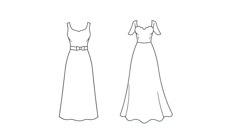 Page à colorier avec deux dessins au trait noir de robes longues. La robe de gauche est sans manches avec un décolleté en cœur et une ceinture fine. La robe de droite a des épaules dénudées et une jupe ample.