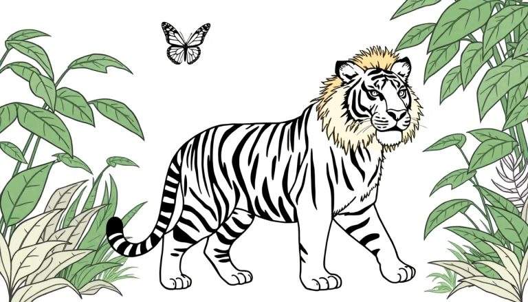 Dessin au trait d'un tigre blanc avec des rayures noires, une crinière jaunâtre, entouré de feuilles vertes et d'un papillon noir et blanc sur fond blanc, prêt à être colorié.