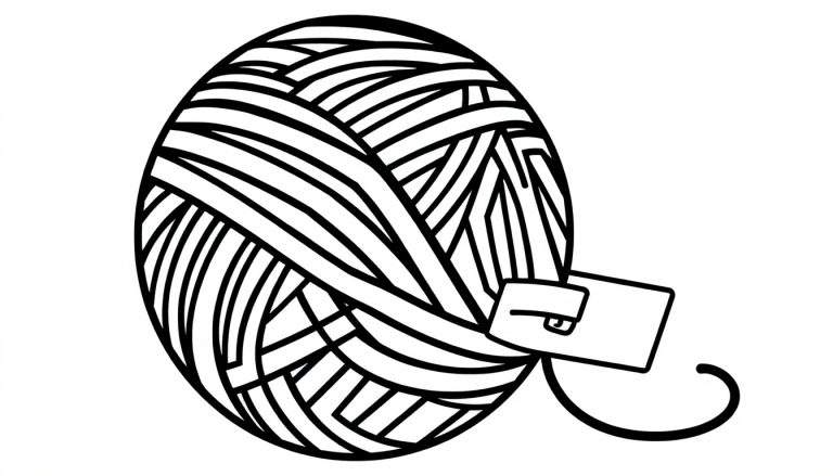 Dessin au trait noir et blanc d'une pelote de laine stylisée, avec un doigt tenant une étiquette et un fil enroulé.