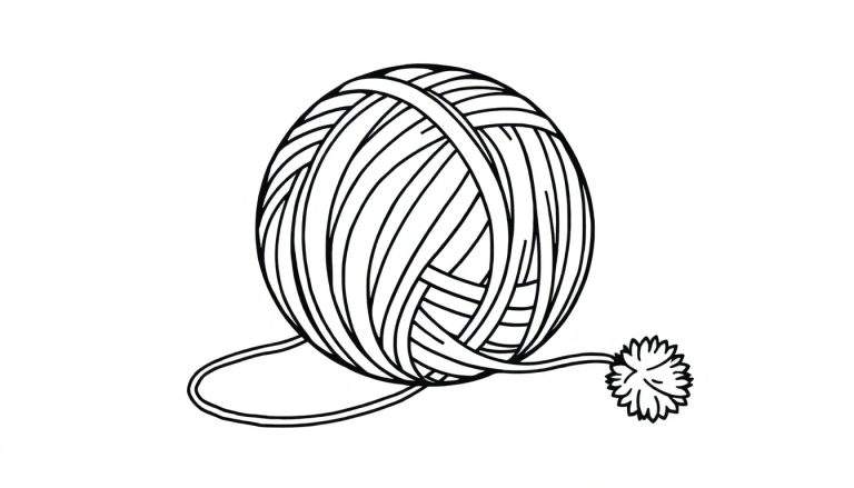 Dessin au trait noir et blanc d'une pelote de laine avec un fil et un pompon, prêt à être colorié.
