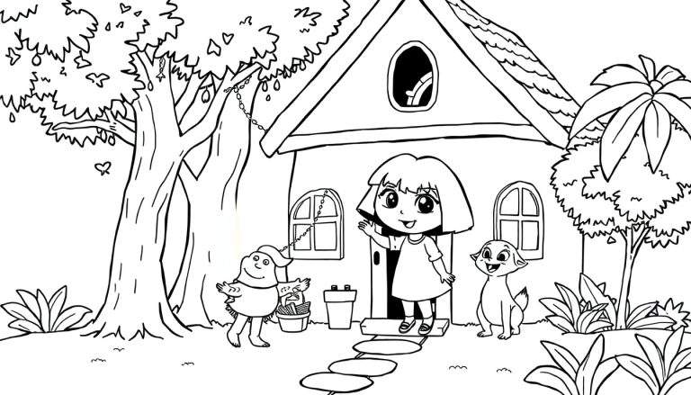 Page à colorier de Dora l'Exploratrice souriant et saluant devant une maison de campagne, avec un poussin et Swiper le renard. Arbres décorés de guirlandes.