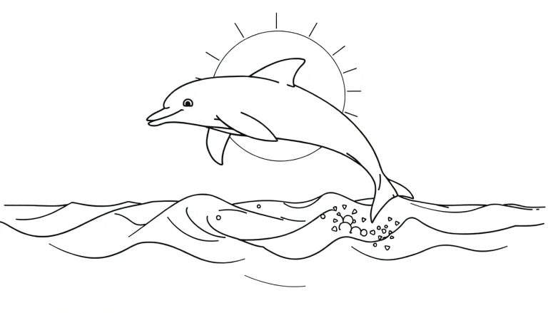Dessin au trait d'un dauphin souriant sautant gracieusement hors de l'eau, avec des vagues, des éclaboussures et un soleil en arrière-plan.