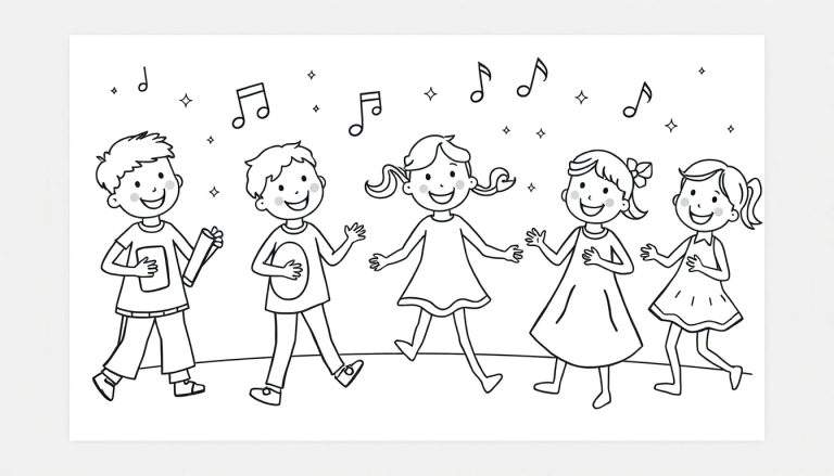 Dessin au trait d'une page à colorier avec cinq enfants joyeux. Deux garçons à gauche tiennent des instruments de musique, tandis que trois filles à droite dansent avec les bras levés. Des notes de musique et des étoiles sont présentes au-dessus.