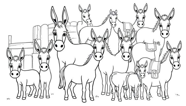 Page à colorier d'un troupeau d'ânes, y compris des adultes et des petits, dans un enclos.