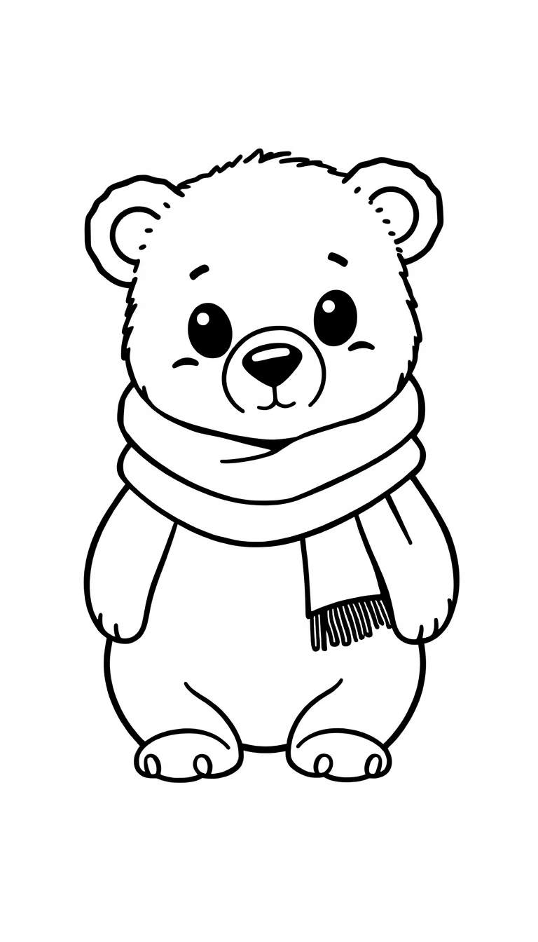 Dessin au trait noir d'un ourson de dessin animé assis, portant une écharpe, sur fond blanc.