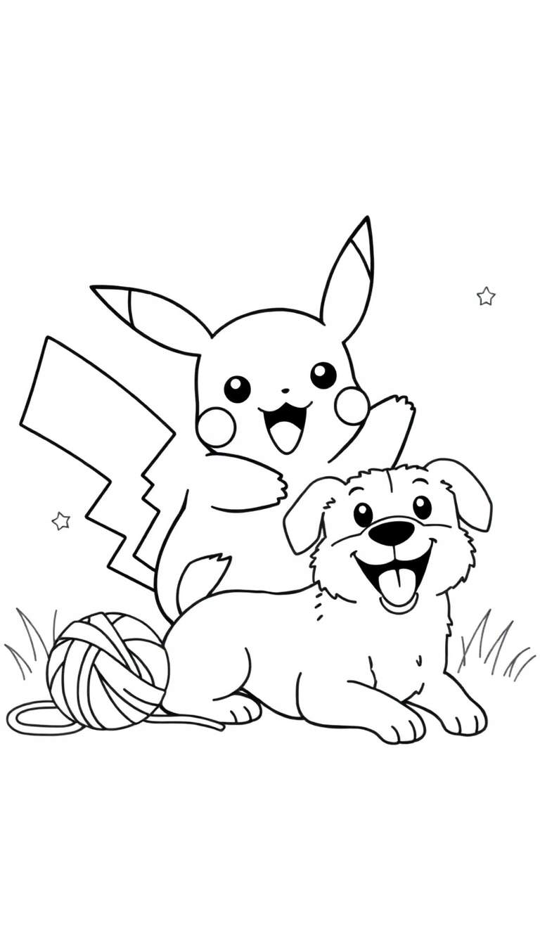 Page à colorier représentant Pikachu et un chien heureux. Pikachu est derrière le chien qui est allongé, avec une pelote de laine au premier plan.