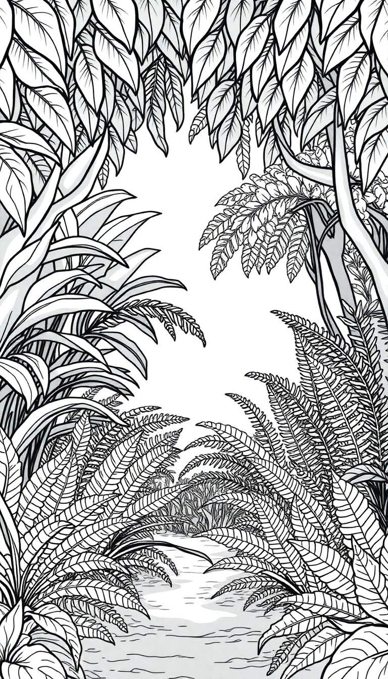 Illustration en noir et blanc d'une scène de jungle dense avec des feuilles larges, des fougères détaillées et un chemin central.